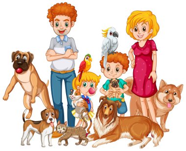 Çizgi film stili resimli evcil hayvanlarıyla mutlu bir aile.
