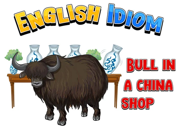 English Idiom Bull China Shop Illustration — Stock Vector