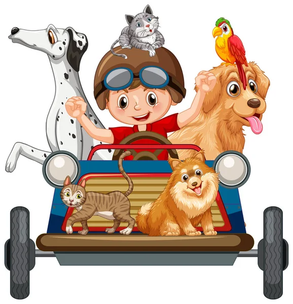 Menino Condução Carro Brinquedo Com Seus Cães Desenho Animado Estilo — Vetor de Stock