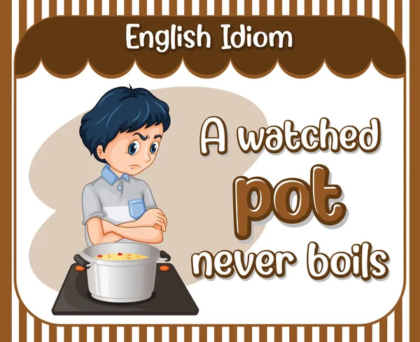 English Idiom Watched Pot Never Boils Illustration — Stock Vector