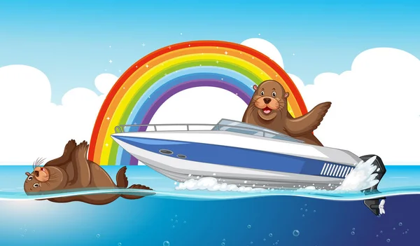 Zeeleeuwen Dier Cartoon Het Water Met Regenboog Illustratie — Stockvector