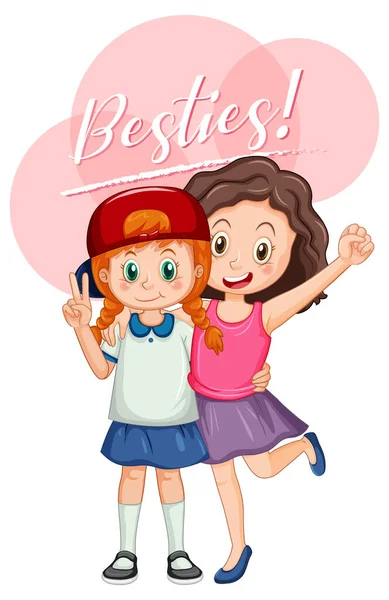 Miglior Amico Ragazze Personaggio Dei Cartoni Animati Con Besties Illustrazione — Vettoriale Stock