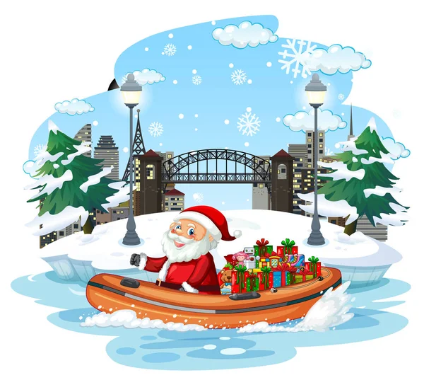 Kerstman Het Leveren Van Geschenken Boot Illustratie — Stockvector