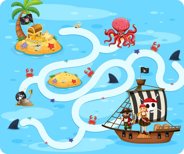 海賊のテーマのイラストとスネークとはしごゲームテンプレート — ストックベクタ