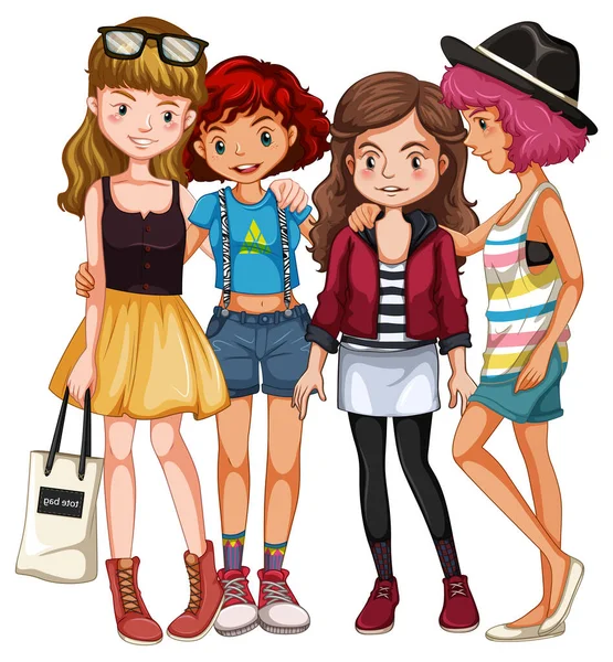 Skupina Dospívajících Dívek Bílém Pozadí Ilustrace — Stockový vektor