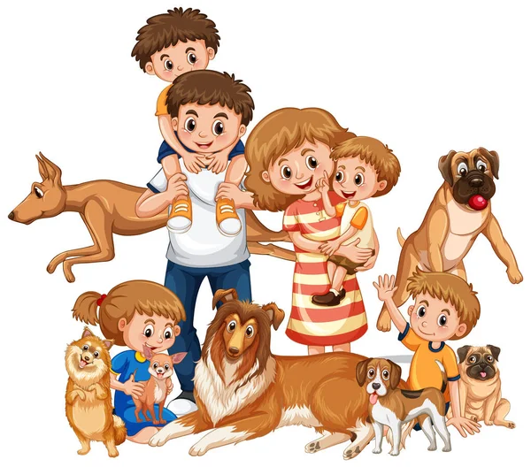 Famiglia Felice Con Molti Cani Illustrazione — Vettoriale Stock