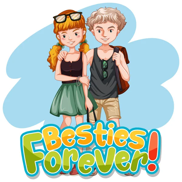 Besties Forever Tipografia Logotipo Com Casal Adolescentes Ilustração — Vetor de Stock