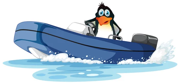 Pingouin Sur Bateau Vitesse Dans Illustration Style Dessin Animé — Image vectorielle