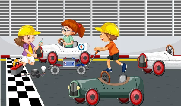 Çocukların Bir Yarış Arabası Illüstrasyonunu Düzelttiği Sabun Kutusu Sahnesi — Stok Vektör