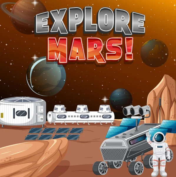 Stazione Spaziale Sul Pianeta Con Esplora Marte Logo Illustrazione — Vettoriale Stock