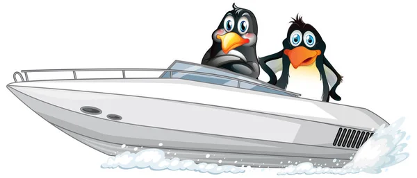 Pinguïns Een Speedboot Cartoon Stijl Illustratie — Stockvector