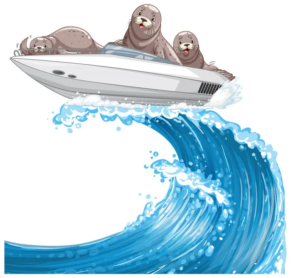 Seals Speed Boat Cartoon Style Illustration — Stockvector