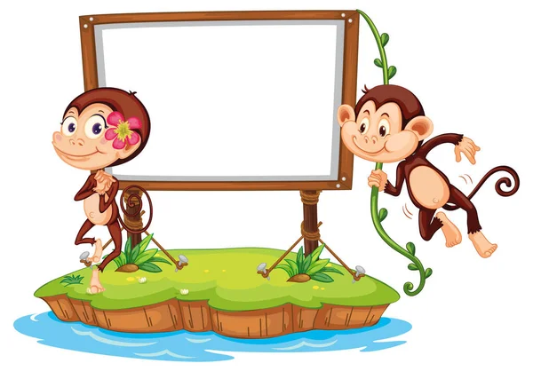 Cute Monkeys Blank Board White Background Illustration — Stock Vector