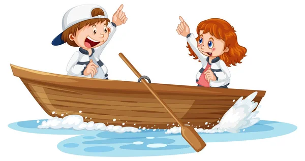 Pareja Niños Barco Madera Ilustración — Vector de stock