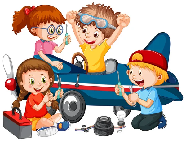 飛行機を一緒に修理する子供たちのイラスト — ストックベクタ