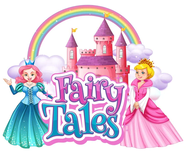 Fairy Tales Woordlogo Met Twee Prinsessen Cartoon Stijl Illustratie — Stockvector