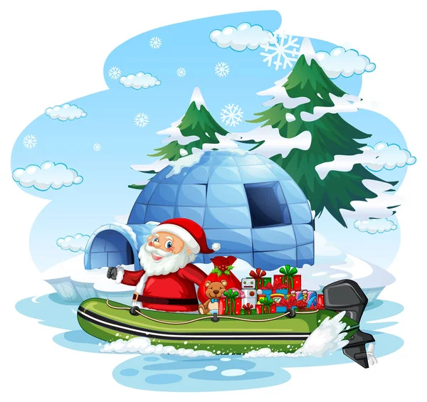 Kerstman Het Leveren Van Geschenken Boot Illustratie — Stockvector