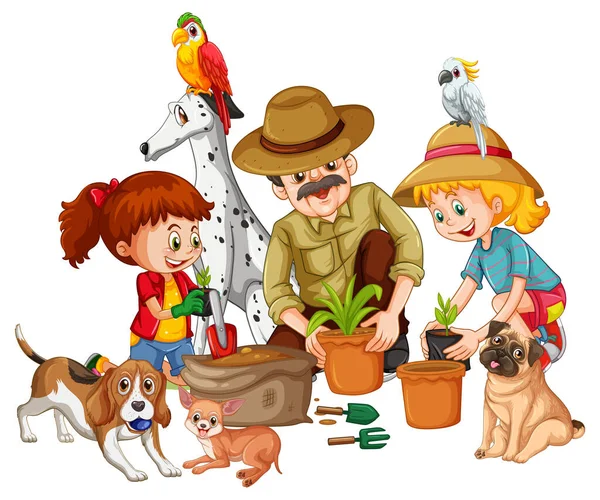 Felice Piantagione Famiglia Con Loro Animali Domestici Illustrazione — Vettoriale Stock