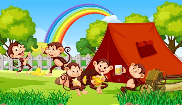 Camping Scene Met Kleine Apen Doen Verschillende Activiteiten Illustratie — Stockvector