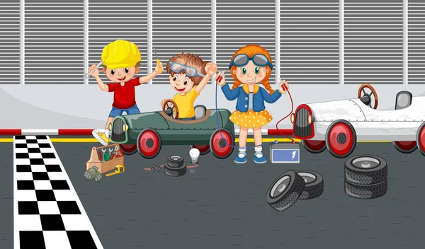 Soapbox Escena Derby Con Los Niños Carreras Coches Ilustración — Vector de stock