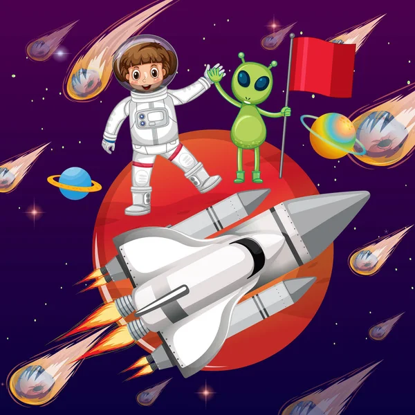 Astronauta Obcy Stojący Marsie Ilustracją Statku Rakietowego — Wektor stockowy