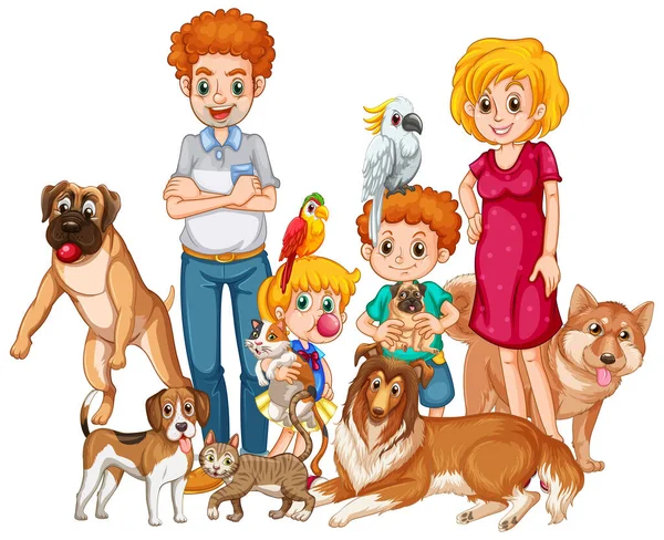 Família Feliz Com Seus Animais Estimação Ilustração Estilo Cartoon — Vetor de Stock