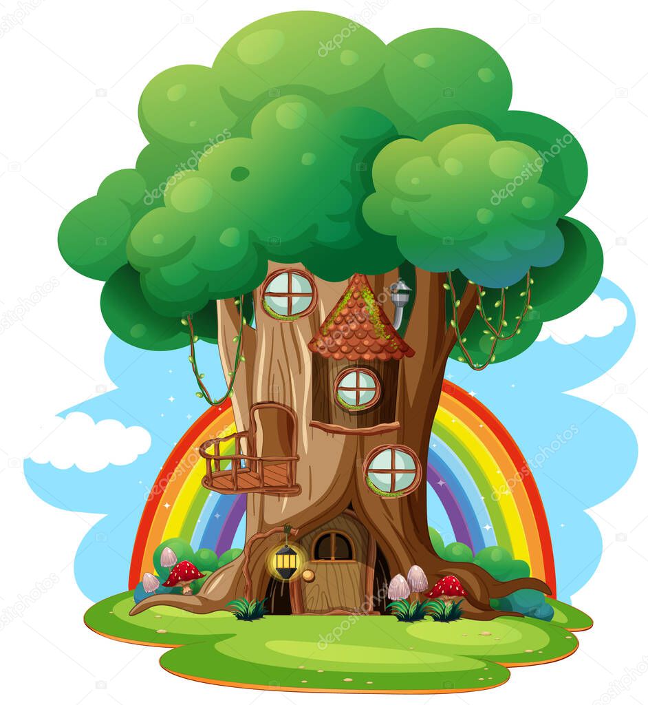 Isolated fantasy tree house on white background illustration