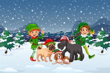 Elfler ve köpeklerle dolu karlı bir Noel gecesi sahnesi