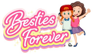 Ebedi Bestie logosu. Çizgi film tarzında sarılan iki kız.