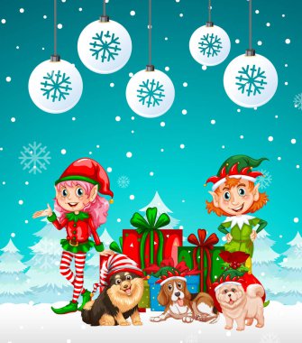 Karlı arkaplanda iki elf ve köpek resmi olan bir Noel posteri tasarımı.