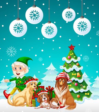 Karlı arkaplanda elf ve köpeklerin olduğu bir Noel posteri tasarımı