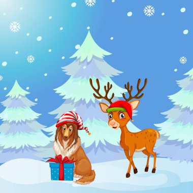 Karlı arkaplanda bir köpek ve ren geyiği olan bir Noel posteri tasarımı