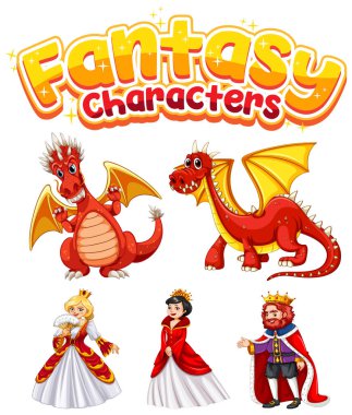 Bir dizi ejderha ve peri masalı karakter çizimi.