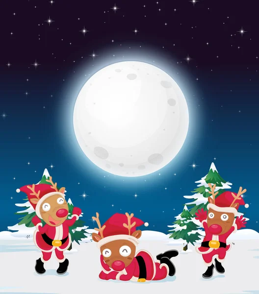 Havas Téli Éjszaka Karácsonyi Rénszarvasok Illusztráció — Stock Vector