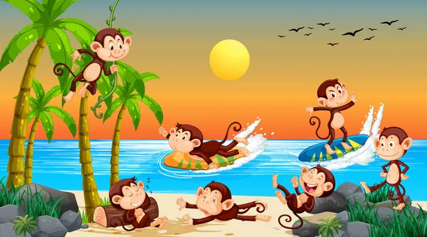 Strand Scene Met Apen Doen Verschillende Activiteiten Illustratie — Stockvector