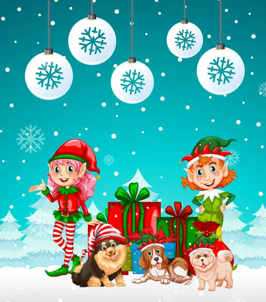 雪の背景イラストに2つのエルフと犬とクリスマスポスターデザイン — ストックベクタ