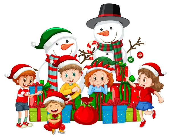 Niños Felices Con Muchos Regalos Dos Muñecos Nieve Ilustración — Vector de stock