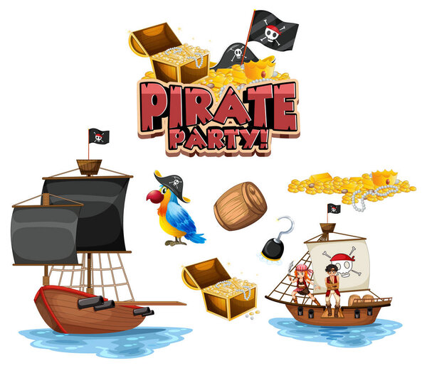 Set of pirate cartoon characters and objects illustration