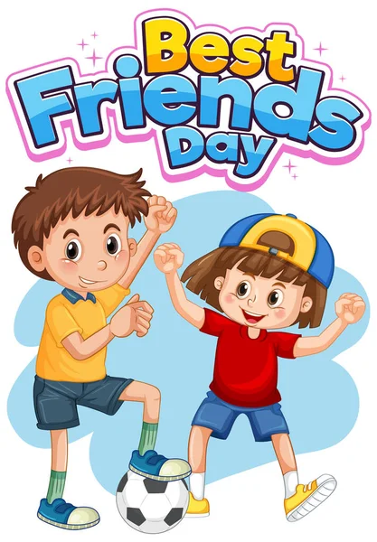 Miglior Carattere Friends Day Con Bambini Che Giocano Calcio Illustrazione — Vettoriale Stock