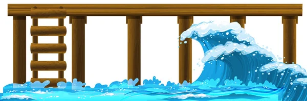 Molo Legno Con Onde Dell Oceano Illustrazione — Vettoriale Stock