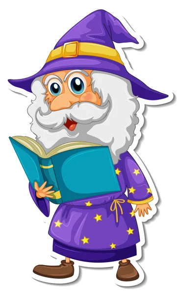 Old Wizard Reading Book Cartoon Character Sticker Illustration — Stock Vector