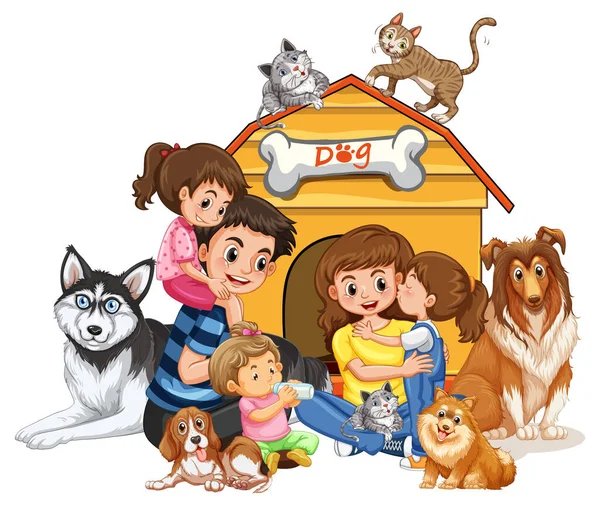 Famiglia Felice Con Molti Cani Illustrazione — Vettoriale Stock