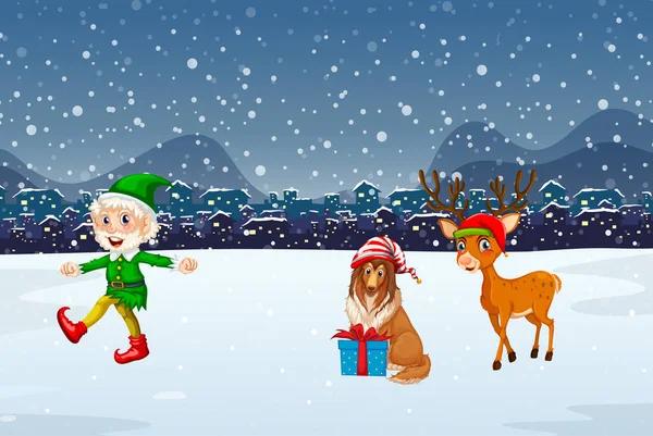 Snowy Nacht Scène Met Kerst Cartoon Personages Illustratie — Stockvector