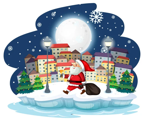 Sneeuwnacht Met Kerstman Wandelen Stad Illustratie — Stockvector