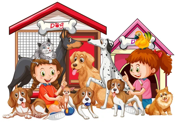 Kinder Spielen Mit Ihren Hunden Illustration — Stockvektor