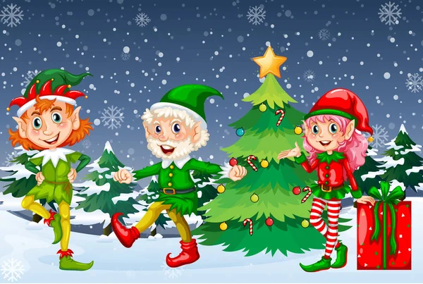 Snowy Night Scene Christmas Cartoon Characters Illustration — Stock Vector