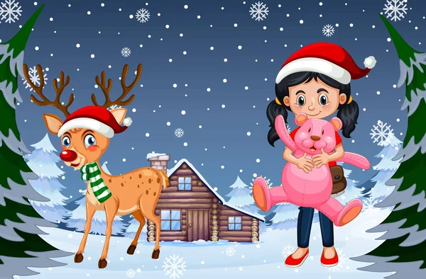 Snowy Nacht Scène Met Kerst Cartoon Personages Illustratie — Stockvector