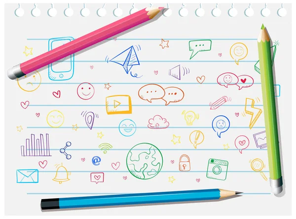 Elle Çizilmiş Nesneleri Renkli Kalemlerle Kağıda Çizer — Stok Vektör