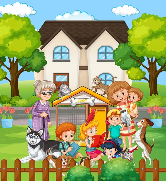 Outdoor Scene Met Gelukkige Familie Honden Illustratie — Stockvector