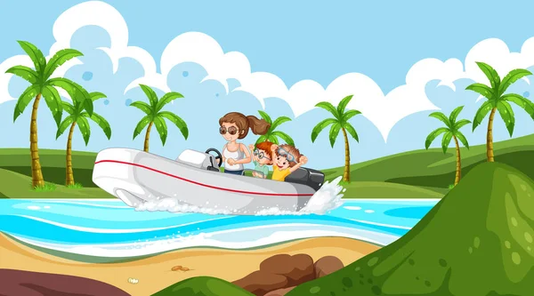与妇女一起驾驶带孩子的小船的海洋风景 — 图库矢量图片